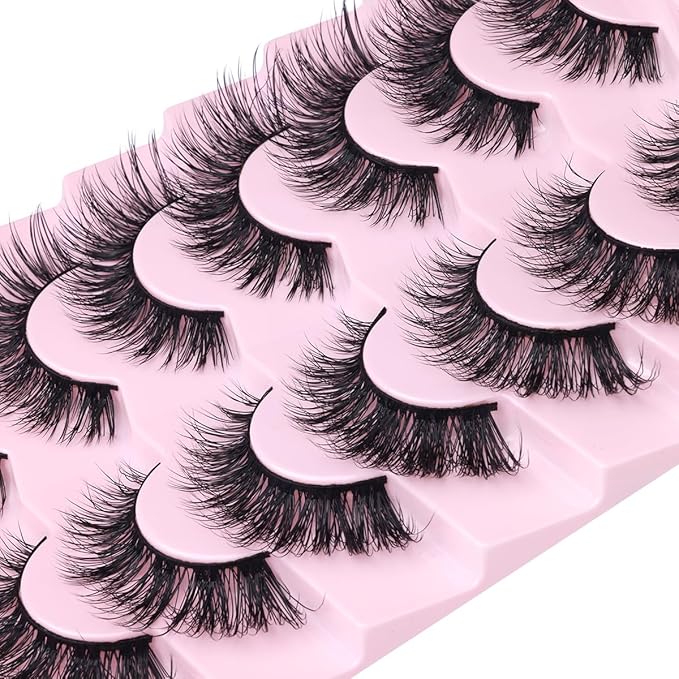 Mink Lashes False Eyelashes Natural Look Wispy Cat Eye Flat Lashes 3D Mink Lashes Natural Fake Lashes 18mm Strip Lashes Pack 7 Pairs-GlimoraGlow