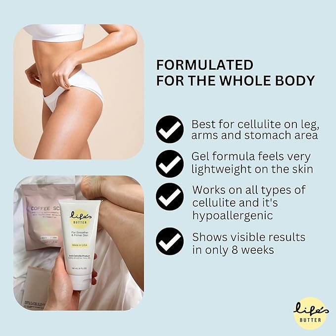 Life's Butter Anti-Cellulite Cream with L-Carnitine, Coenzyme Q10 | Skin Smoothening Natural Product | Fights Cellulite and Stretch Marks | 6 fl oz (Scent-Free) + Dry Brush-GlimoraGlow