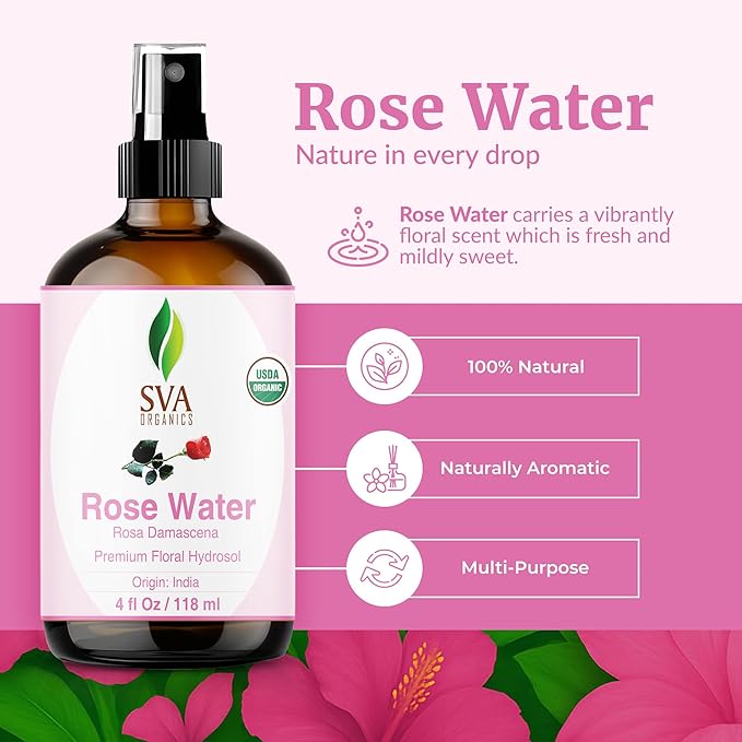 SVA ORGANICS Rose Water 4oz (118 ml) Refreshing Rose Water Spray for Skin Care, Skin Hydration, Bath, Soaps, Haircare & Aromatherapy-GlimoraGlow
