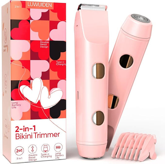2 in 1 Bikini Trimmer for Women, Smooth and Painless Electric Razors for Women, IPX7 Waterproof Women's Electric Shaver, Rechargeable Bikini Underarm Legs Arm Body Face Trimmer Womens Shaver (Pink)-GlimoraGlow