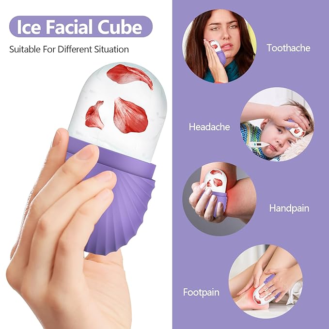 Ice Roller for Face and Eye, Silicone Ice Facial Roller Ice Holder, Face Ice Mold Skin Care, Face Icers Reusable Ice Cube Roller for Shrink Pores Anti Wrinkle Reduce Puffiness, Purple-GlimoraGlow
