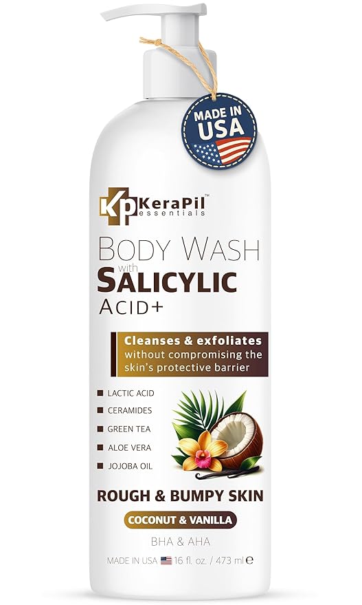 Exfoliating Body Wash with Salicylic Acid - No Dry Out, Gentle Exfoliates Rough and Bumpy Skin, Body Acne Wash, BHA & AHA - Coconut and Vanilla with Salicylic Acid - (16 fl oz)-GlimoraGlow