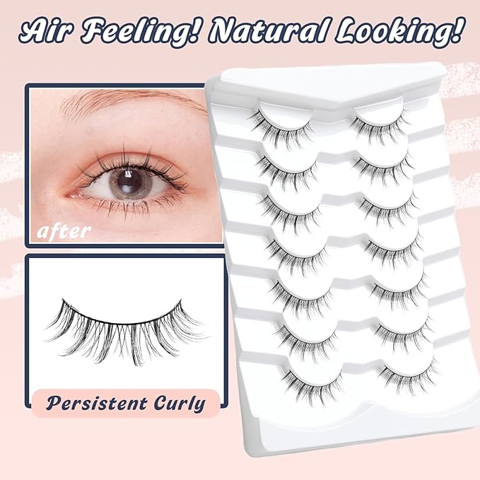 Manga Lashes Natural False Eyelashes 10MM Short Anime Lashes Thin Band Korean Lashes 3D Volume Strip Lashes Wispy Manhua Eyelashes 7 Pair Asian Lashes Siligli-GlimoraGlow