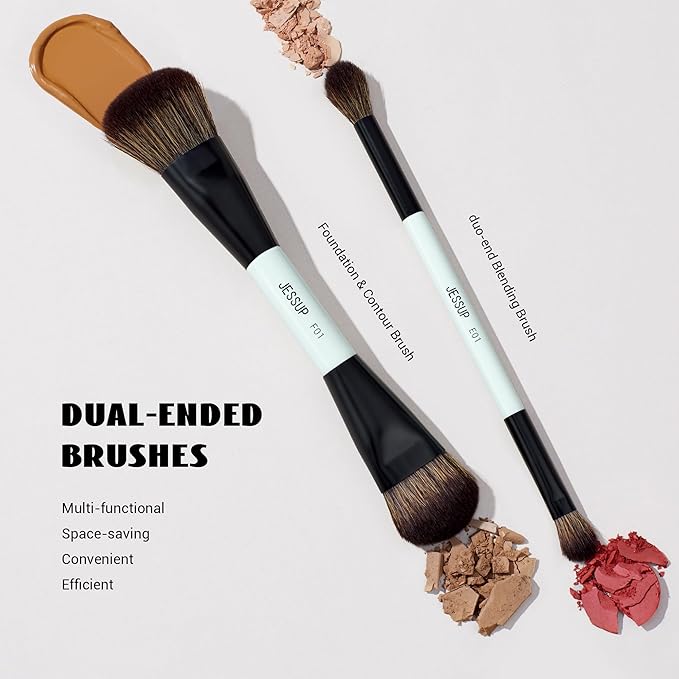 Jessup Makeup Brushes 2pcs Double Sided Foundation Brush Contour Brush Dual Ended Eye Blending Brush, Multi-functional Cosmetic Brush Bright Cyan T502-GlimoraGlow