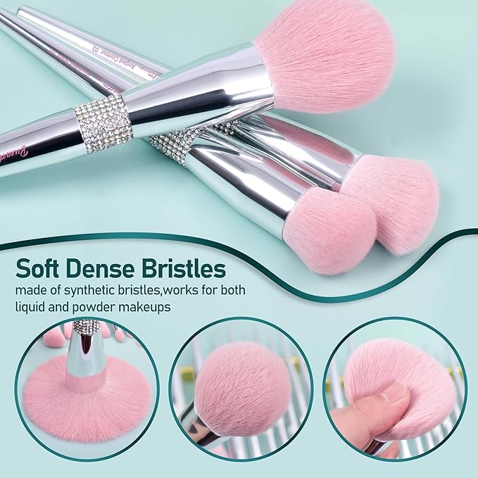 Bueart Design Elegant pink Ultra soft labeled Makeup Brushes Sets with Brush Holder makeup brush set with Foundation Powder blush blending contour Brush (15Pcs Silver Pink+Holder)-GlimoraGlow