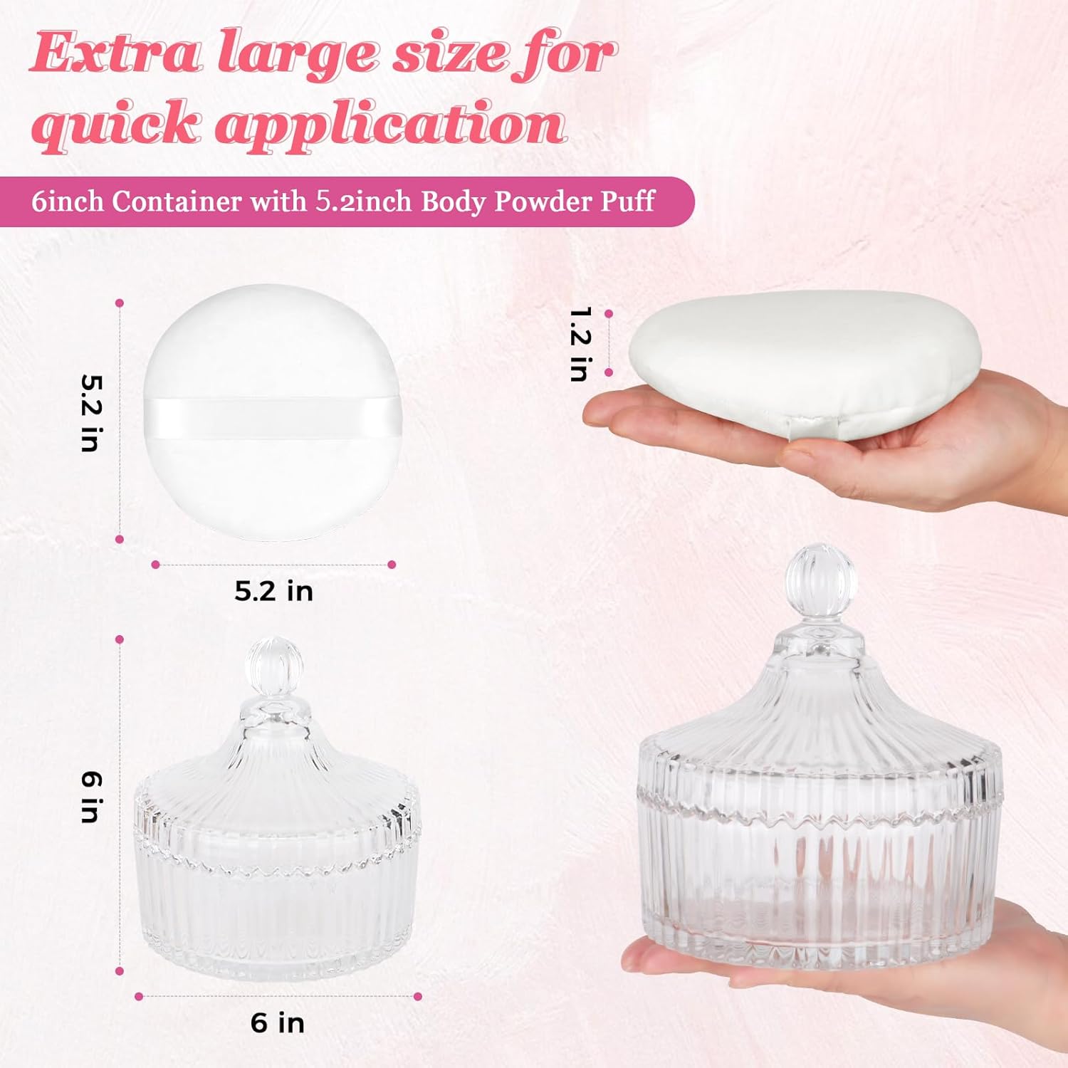 2Pcs Extra Large Body Powder Puff & Luxury 6" Glass Jar Dusting Powder Container with Puff for Women Bath Powder Puffs Perfect for Talcum or Loose Powder (White)-GlimoraGlow