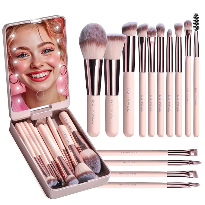 BS-MALL Makeup Brushes Foundation Powder Concealers Eye Shadows Makeup Set with LED light Mirror 14 Pcs Mini Makeup Brushes (APINK)-GlimoraGlow