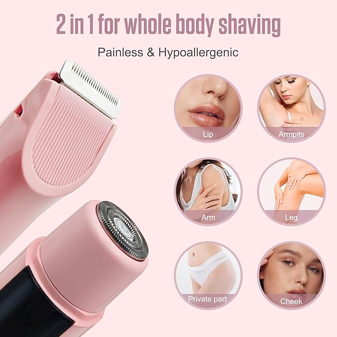 2 in 1 Bikini Trimmer for Women Dual Head Electric Shaver with LED Display,IPX7 Waterproof Wet & Dry, Painless Shaver for Underarm Leg Arm Body Face Private Area Pink-GlimoraGlow