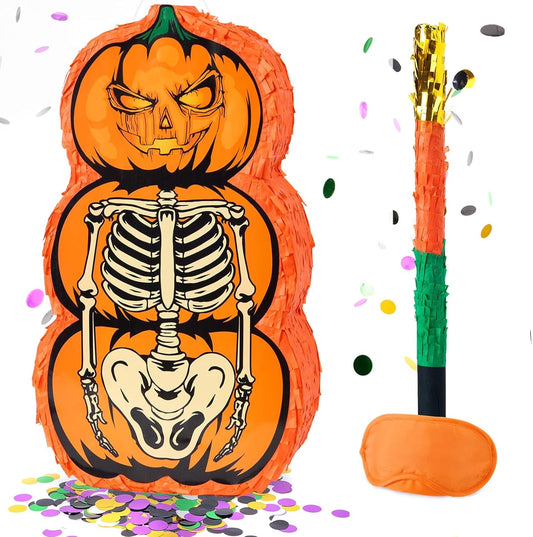 WERNNSAI Halloween Skull Piñata - Pumpkin Skull Pinata Halloween Wicked Pumpkin Party Pinata Games for Kids Weird Theme Party Jack o Lanterns Decorations with Bat Blindfold