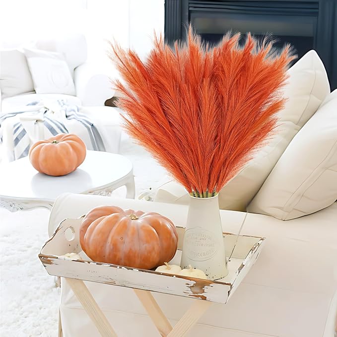 8pcs Orange Pampas Grass Tall, 35" Fluffy Faux Colored Pompas Grass Artificial Orange Pampas Stems Vase Filler Fall Flower Arrangement for Home Wedding Centerpieces Autumn Bohe Decor