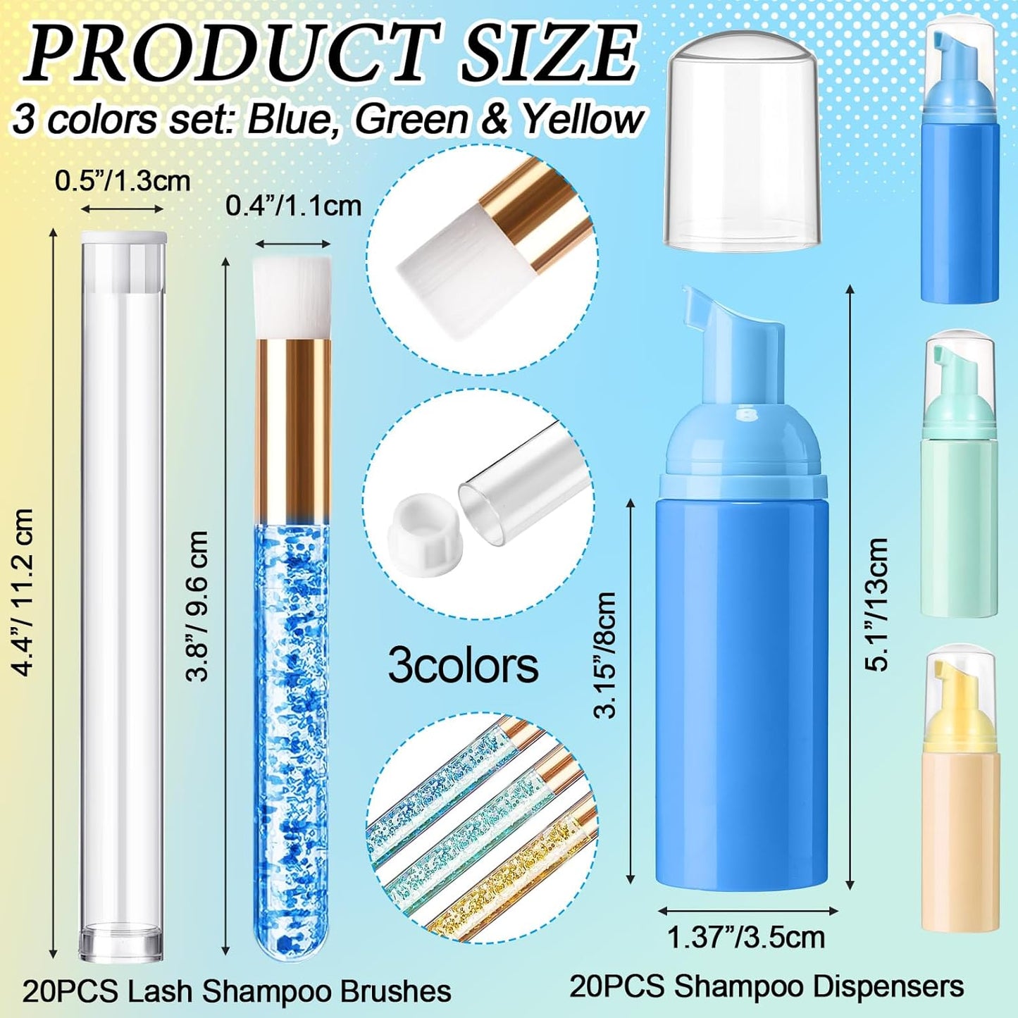 Zhehao 80 Pcs Lash Shampoo Bottle Brushes Kit 20 Foam Pump Dispensers 20 Lash Shampoo Brushes 20 Eyelash Aftercare Bag 20 Cleaning Pipes, Eyelash Extension Supplies (Multicolor)-GlimoraGlow
