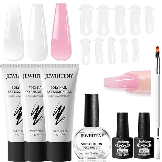 JEWHITENY Poly Extension Gel Nail Set Clear White Pink Poly Nail Gel With Base Coat Top Coat for Finger Art and Home DIY French Manicure Need U V Lamp Curing-GlimoraGlow