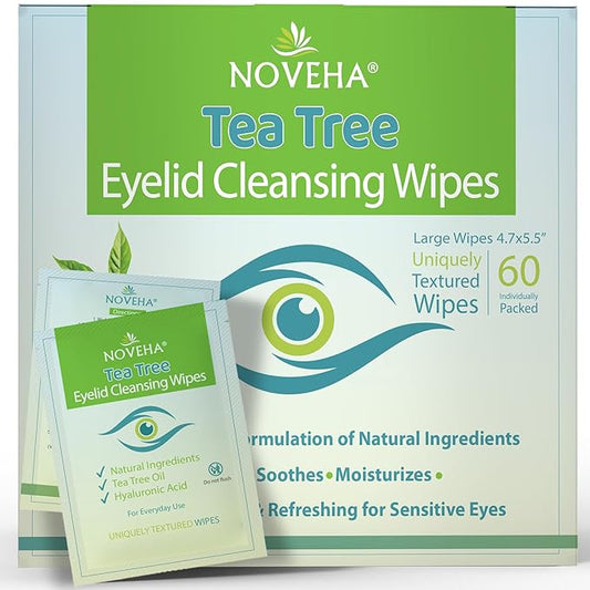 NOVEHA 60PCs Tea Tree Oil Eyelid & Lash Wipes | With Hyaluronic Acid, Green Tea & Chamomile For Blepharitis, Itchy & Stye Eyes, Individually Wrapped, Natural Eyelash Makeup Remover & Daily Cleanser-GlimoraGlow