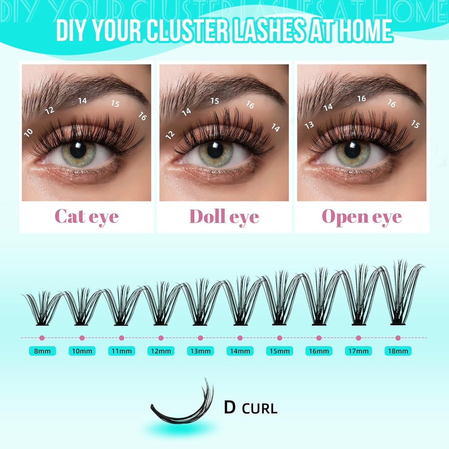 Lash Clusters 200pcs, Eyelash Extension Kit 30D D Curl Diy Cluster Eyelashes Extensions Lash Bond and Remover Waterproof Lash Applicator Tools for 8-18mm Mix Lashes Beginner Self Use-GlimoraGlow