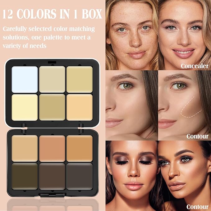 12 Colors Cream [Contour+Concealer] Makeup Palette for Cheeks - Multi-functional Makeup Palette with Brush, Natural Matte Long Wearing, Waterproof Blendable Face Makeup Palette (#03)-GlimoraGlow