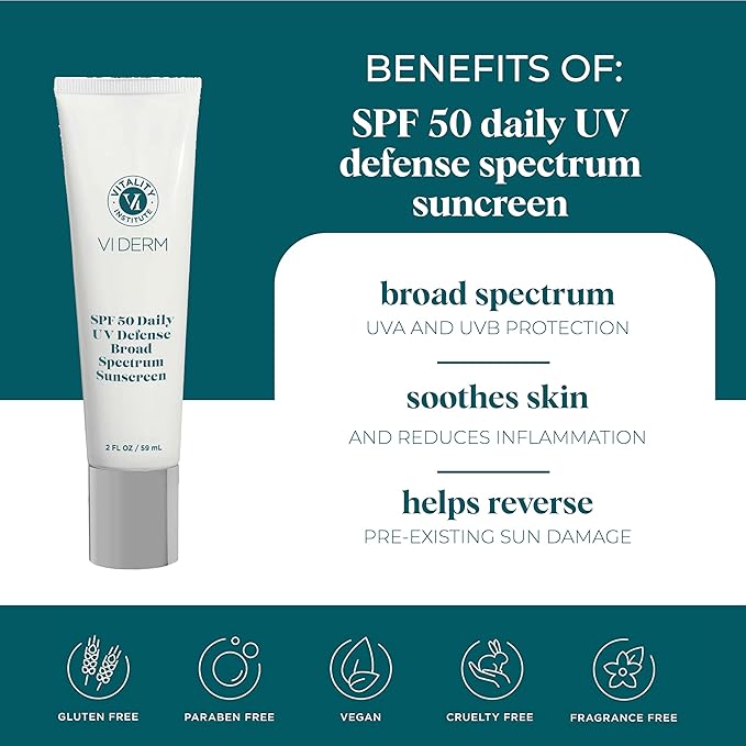 VI Derm SPF 50 Daily UV Defense Sunscreen - Broad Spectrum Sunblock for Face & Body - Lightweight, Oil-Free, Fast-Absorbing Skincare Protector - Clean, Non-Greasy Formula - Fragrance Free, 2 Fl Oz-GlimoraGlow