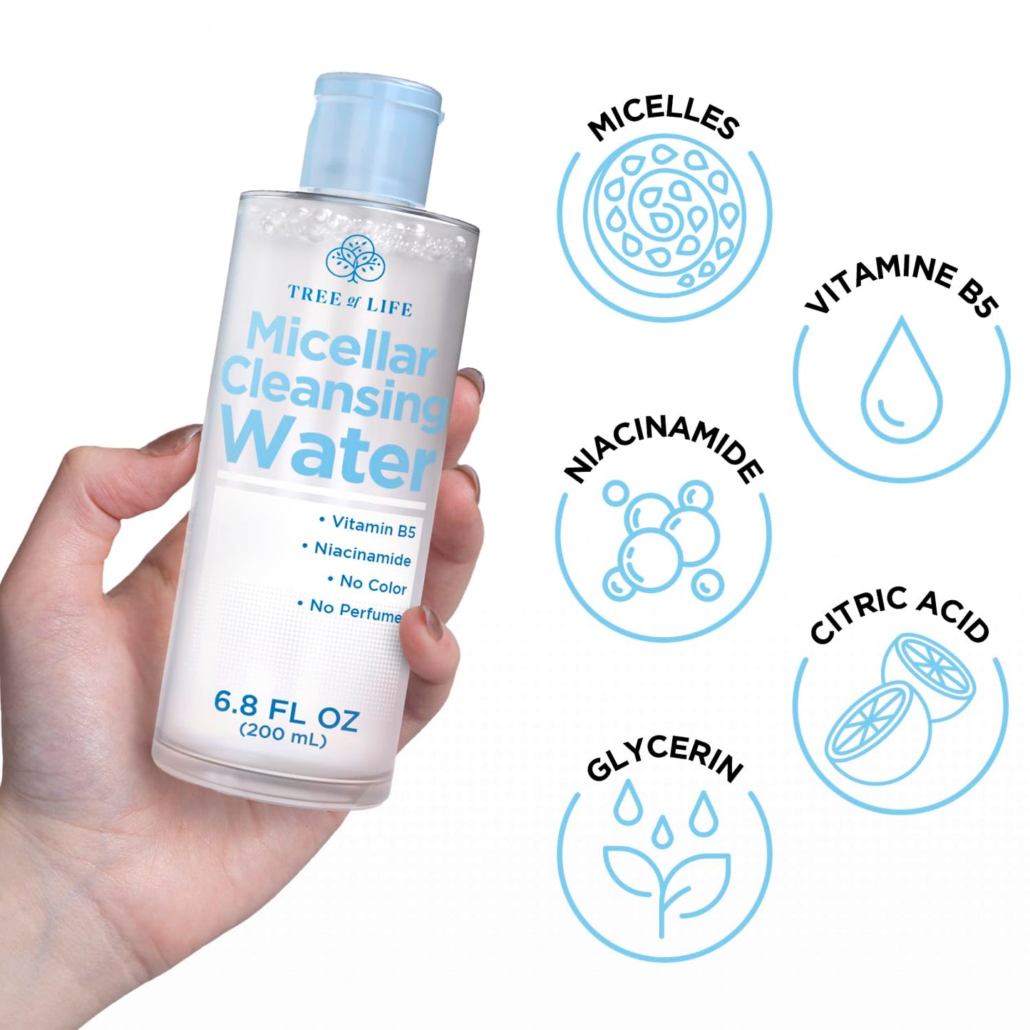 Tree of Life Beauty Micellar Cleansing Water (6.8fl oz) - Micellar Water Makeup Remover with Niacinamide, Vitamin B5, Glycerin - Eye Makeup Remover Liquid, No Rinse Needed-GlimoraGlow