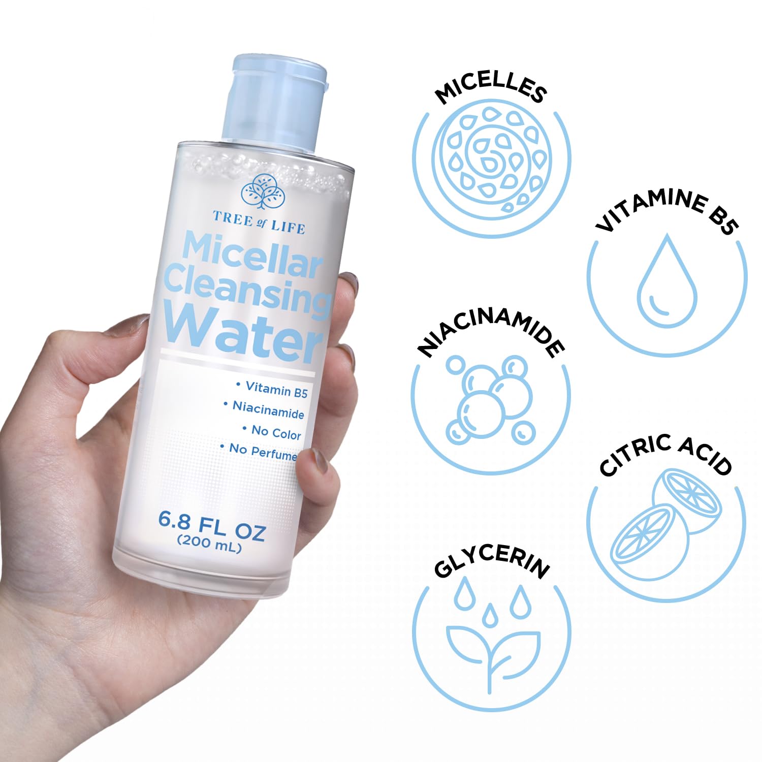 Tree of Life Beauty Micellar Cleansing Water (6.8fl oz) - Micellar Water Makeup Remover with Niacinamide, Vitamin B5, Glycerin - Eye Makeup Remover Liquid, No Rinse Needed-GlimoraGlow