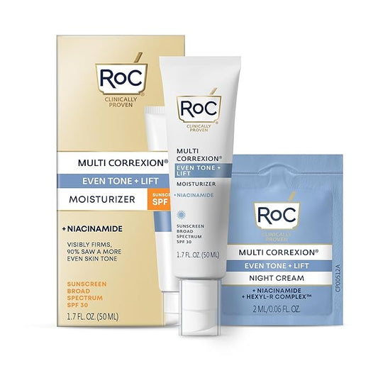 RoC Multi Correxion 5 in 1 Anti-Aging Daily Facial Moisturizer for Women and Men, Broad Spectrum SPF 30 & Shea Butter (1.7 oz) with Night Cream Packette (Packaging May Vary)-GlimoraGlow