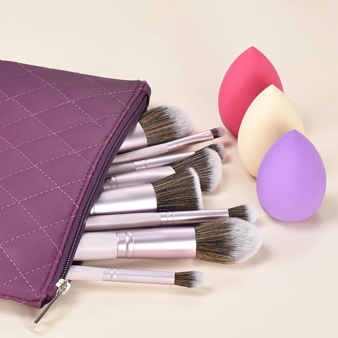 10 Piece Purple Makeup Brushes Set and 3 Piece Makeup Sponge - Wooden Handle with Soft Synthetic Bristles, for Face & Eye Makeup | Professional Cosmetic Brushes | Includes Travel Pouch-GlimoraGlow