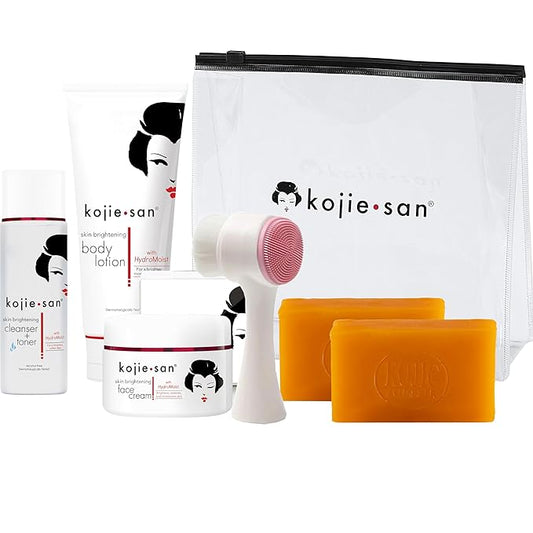 Kojie San Face & Body Shower Set - The Original Kojic Acid Soap that Reduces Visibility of Dark Spots, Hyperpigmentation, and Other types of Skin Damage – 135g x 2 Bars with Lotion, Cream and Toner-GlimoraGlow