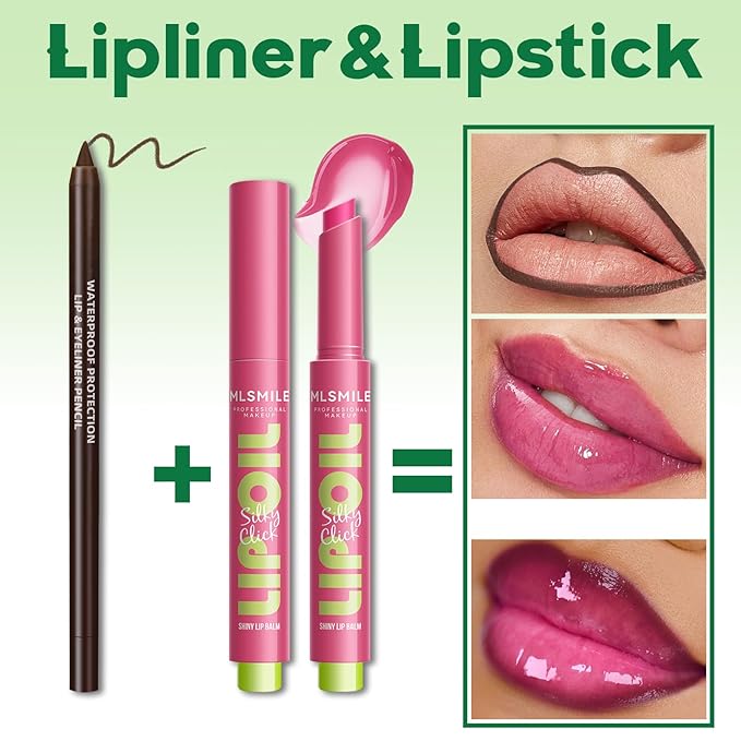2 in 1 Solid Click Lip Gloss Pen With Brown Lip Liner Set Moisturizing Long Lasting Light Pink High Glossy Jelly Tinted Lip Balm Juicy Buildable Lip Plumper Makeup for Women-GlimoraGlow
