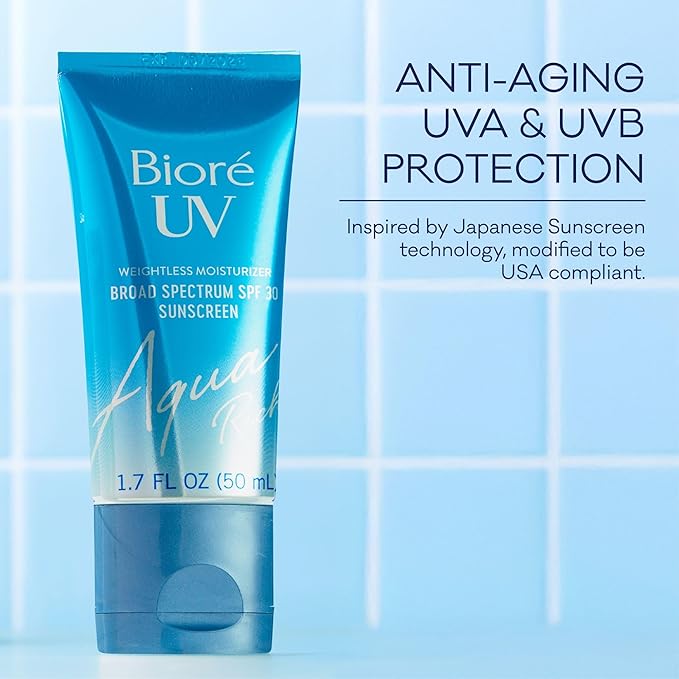 Biore UV Aqua Rich SPF 30 Daily Moisturizer Sunscreen for Face, For Sensitive Skin, Oil Free, Hyaluronic Acid, Vegan, Oxybenzone & Octinoxate Free, Dermatologist Tested, 1.7 Oz, 3pk-GlimoraGlow