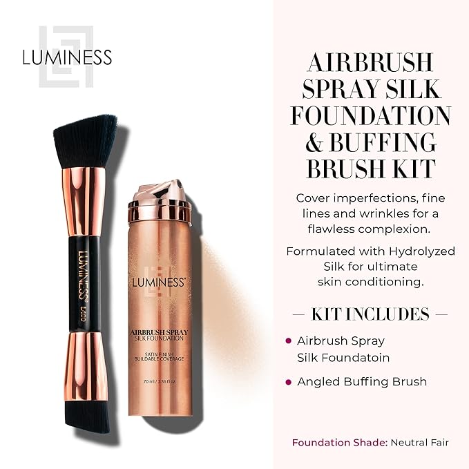 LUMINESS Silk Airbrush Spray Foundation & Buffing Brush Kit – Full Coverage Foundation & Dual-Sided Buffing Brush - Buildable Coverage, Anti-Aging Formula Hydrates & Moisturizes - Neutral Fair-GlimoraGlow