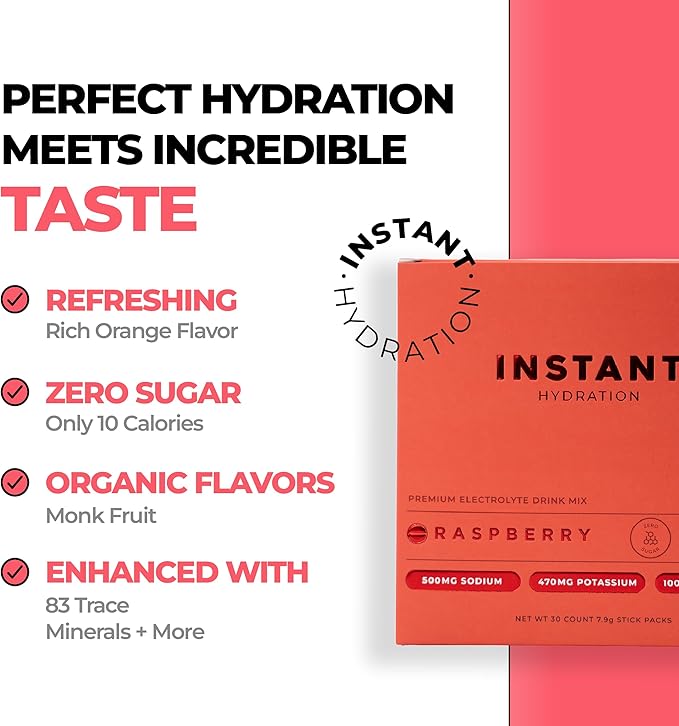 Instant Hydration Electrolytes Powder Packets - Raspberry Electrolyte Drink Mix - Zero Sugar - Keto, Vegan, Gluten-Free, Non-GMO - Boost Recovery, Brain Health, Muscle & Tissue Support- 30 Sticks-GlimoraGlow