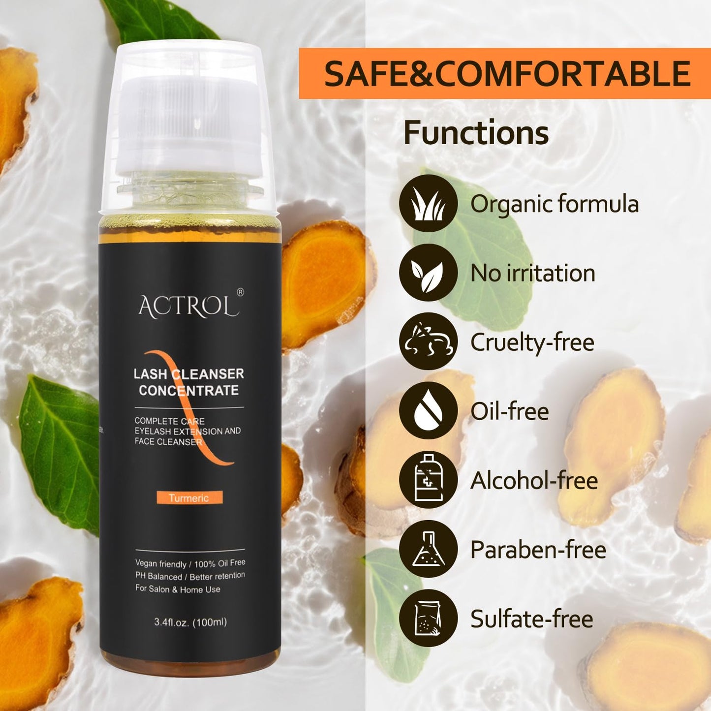 Eyelash Shampoo Concentrate 100ml Lash Extensions Cleanser Concentrate Turmeric Foaming Shampoo Paraben & Sulfate Free Wash for Extensions Lashes with Salon Home Care-Makes 60ml Bottles-GlimoraGlow