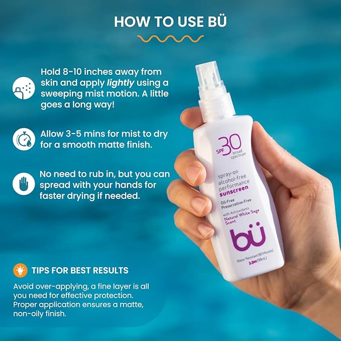 BU SPF 30 Sunscreen Spray for Face and Body, Non Aerosol Spray, Ultrafine WOWmist, TSA Travel Size Sunscreen, Clear, Non Greasy, Water Resistant, White Sage 3.3 oz-GlimoraGlow