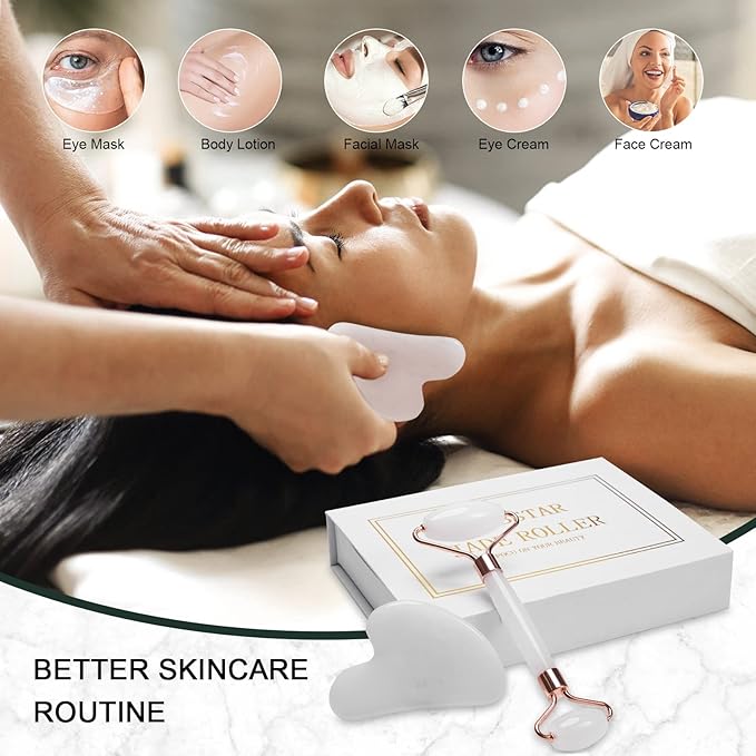 Jade Roller for Face, Facial Roller Massager Skin Care Tool, Gua Sha Facial Tools for Face, Neck, Eyes, Reduce Puffiness of The Skin - White-GlimoraGlow