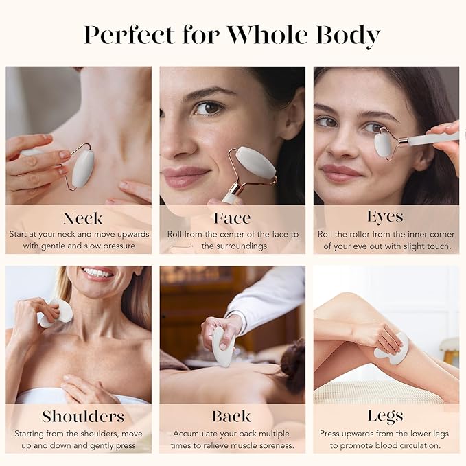 BAIMEI Jade Roller & Gua Sha Set Face Roller and Gua Sha Facial Tools for Skin Care Routine and Puffiness, Self Care Gift for Men Women - White-GlimoraGlow
