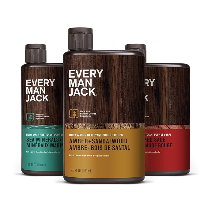 Every Man Jack Men's Body Wash Variety Pack - Includes 3 Body Washes with Natural Ingredients & Incredible Scents - Amber + Sandalwood, Cedar + Red Sage, Sea Minerals + Citron Fragrances-GlimoraGlow