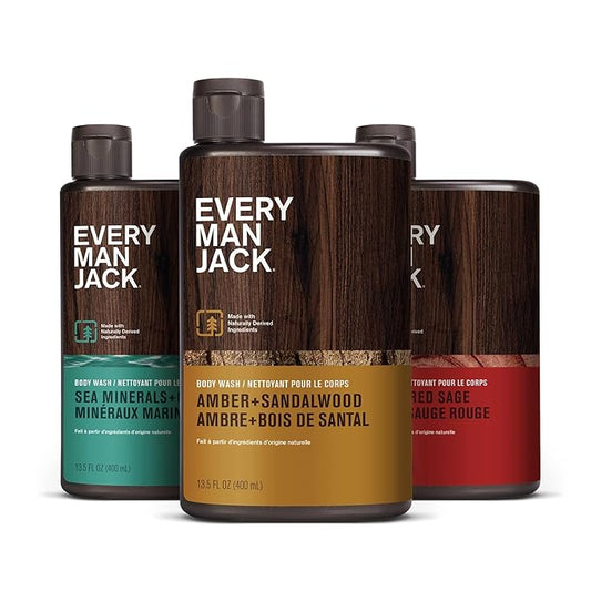 Every Man Jack Men's Body Wash Variety Pack - Includes 3 Body Washes with Natural Ingredients & Incredible Scents - Amber + Sandalwood, Cedar + Red Sage, Sea Minerals + Citron Fragrances-GlimoraGlow