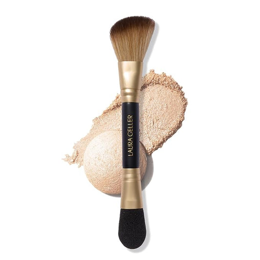LAURA GELLER NEW YORK Dual-Ended Highlighter Brush - Multipurpose Makeup Brush for Highlighter, Blush, Bronzer and More - Includes Dual-Fiber Vegan Bristles and Satin Paddle for Flawless Application-GlimoraGlow