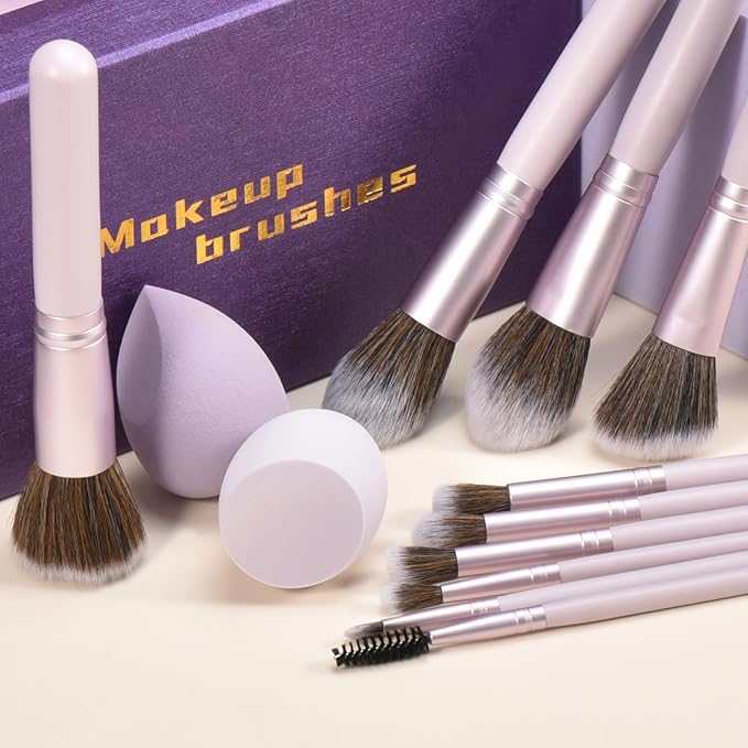 Gift Ready 10 Piece Purple Makeup Brushes Set and 2 Piece Makeup Sponge – Wooden Handle with Soft Synthetic Bristles, Concealer, Powder – (Ideal for Christmas, Birthday, Women)-GlimoraGlow