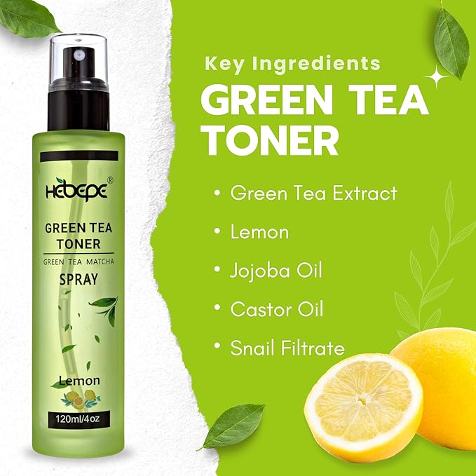 Green Tea Matcha Facial Toner Mist with Lemon, Refreshing, Moisturizing, and Soothing Face Toner, with Jojoba Oil, Castor Oil, Snail Filtrate,120ml-GlimoraGlow