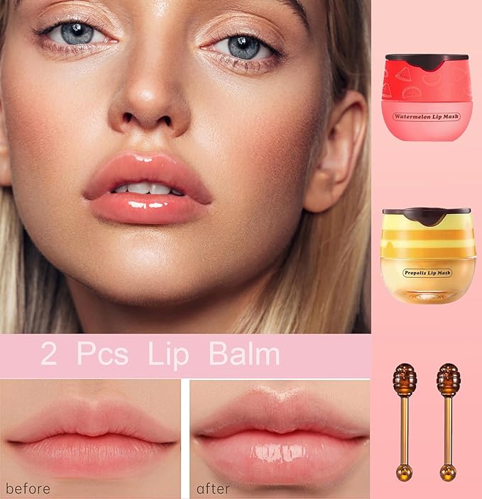 2 PCS Bee Lip Balm Honey Pot, Honey Watermelon Bee Lip Balm Sleeping Lip Mask Overnight with Sticks, Honey Pot Lip Balm Hydrating Exfoliating Prevention Dry and Crack Lip Scrubs-GlimoraGlow