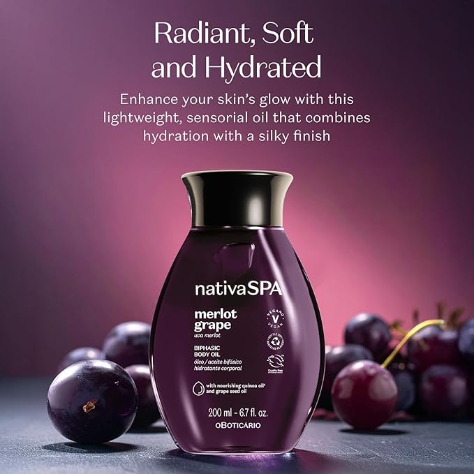 Nativa SPA by O Boticário Merlot Grape Biphase Body Oil, with Quinoa & Grapeseed Oils, Silky Glow with Hydration, 6.7 Ounce (200ml)-GlimoraGlow