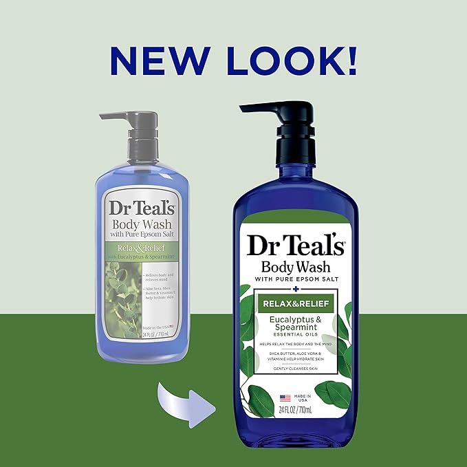 Dr Teal's Body Wash with Pure Epsom Salt, Relax & Relief with Eucalyptus & Spearmint, 24 fl oz (Pack of 4) (Packaging May Vary)-GlimoraGlow