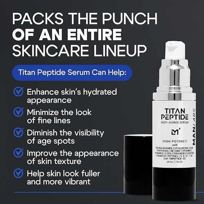 Titan Anti-Aging Peptides Serum for Face – High Potency Mens Peptide Serum Moisturizer – Mens Skin Care – Men, Dark Spots, Wrinkles, Fine Lines – Peptides, 5% Niacinamide, HA – Unscented-GlimoraGlow