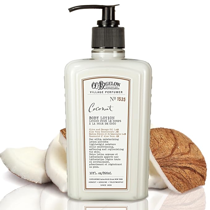C.O. Bigelow Coconut Body Lotion, Village Perfumer Moisturizing Body Lotion with Aloe Vera, Borage Oil & Olive Oil, 10 Fl Oz-GlimoraGlow