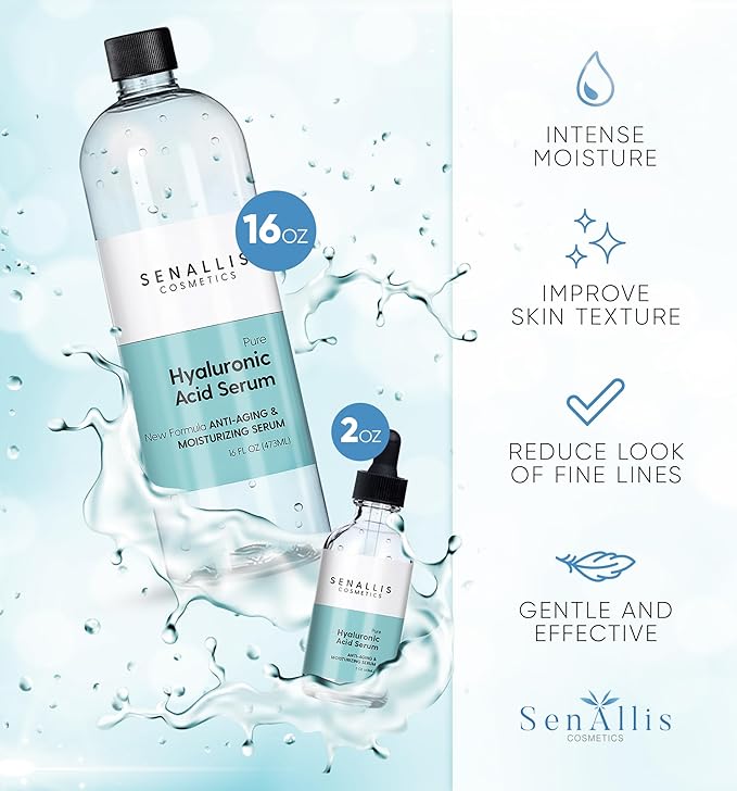 Hyaluronic Acid Serum 16 fl oz And 2 fl oz, Made From Pure Anti Aging/Wrinkle, Ultra Hydrating Moisturizer That Reduces Dry Skin Manufactured In USA-GlimoraGlow