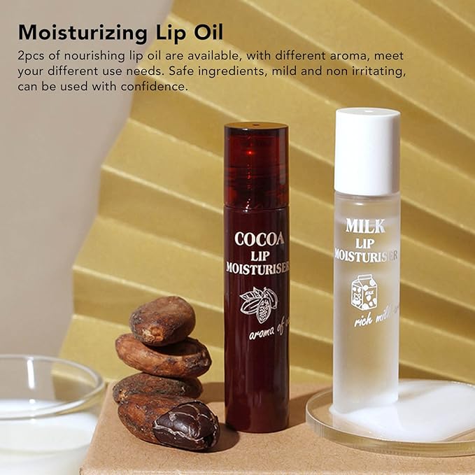 Hydrating Oil, 2pcs Roll On Hydrating Lip Gloss, 5ml Moisturizing Lip Balm Cocoa Bean Milk Lip Oil Hydrating Nourishing Day Night Repair-GlimoraGlow