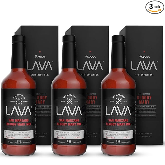 (3 Pack) LAVA Premium Bloody Mary Mix; Italian San Marzano Tomatoes, No Artificial Sweeteners, Vegan, Ready to Use, No Added Sugar, 1-Liter (33.8oz) Glass-GlimoraGlow