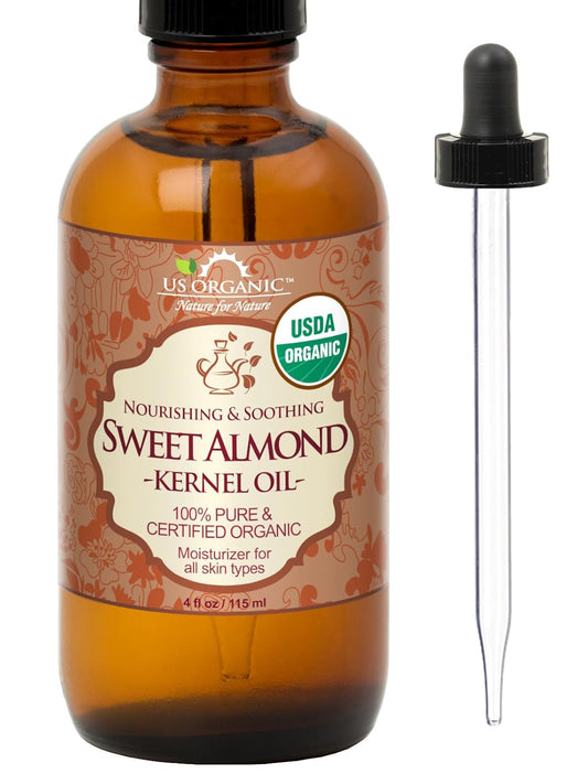 US Organic Sweet Almond Kernel Oil, USDA Certified Organic,100% Pure & Natural, Cold Pressed Virgin, Unrefined in Amber Glass Bottle w/Eyedropper, Sourced from Poland (4 oz (115 ml))-GlimoraGlow
