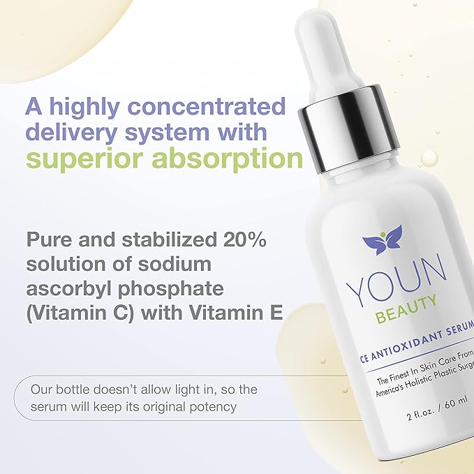 YOUN Beauty 20% Vitamin C Face Serum with Hyaluronic Acid, Ferulic Acid & Vitamin E by Holistic Plastic Surgeon Dr. Anthony Youn | Antioxidant Serum for Face for Skin Hydration, 60 ml-GlimoraGlow