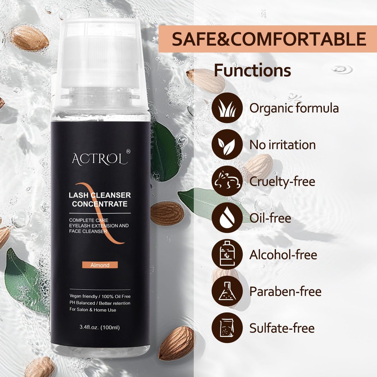 Eyelash Cleanser Concentrate 100ml Almond Professional Lash Shampoo Foaming Cleanser Lash Wash Concentrate for Extensions Lashes with Salon Home Care-Makes 40 Bottles Almond-GlimoraGlow