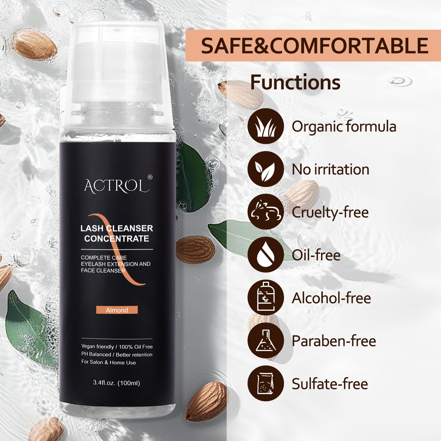 Eyelash Cleanser Concentrate 100ml Almond Professional Lash Shampoo Foaming Cleanser Lash Wash Concentrate for Extensions Lashes with Salon Home Care-Makes 40 Bottles Almond-GlimoraGlow